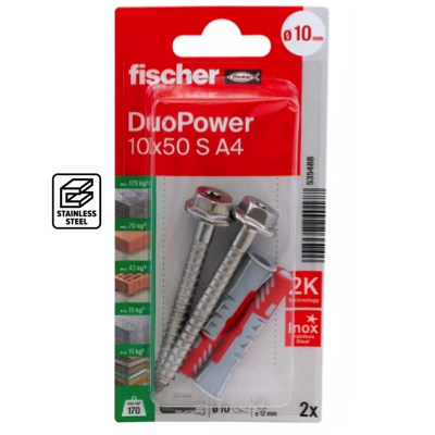 FISCHER DUOPOWER 10MM X 50MM Screw A4 Stainless Steel 2PC/PACK 535488