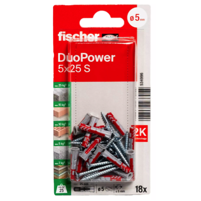 FISCHER DUOPOWER 5MM X 25MM Galvanised Screw 18PC/PACK 534996