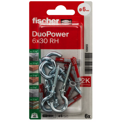 FISCHER DUOPOWER Expansion Wall Plug 6MM X 30MM With Open Round Hook 6PC/PACK 535013