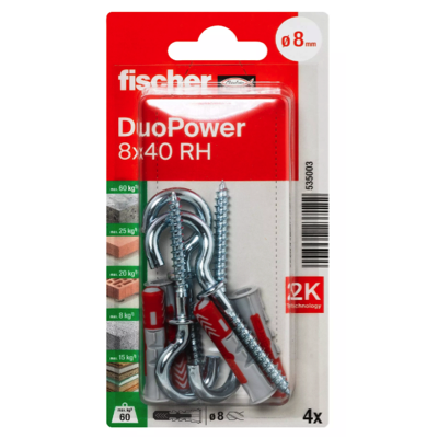 FISCHER DUOPOWER Expansion Wall Plug 8MM X 40MM With Open Round Hook 4PC/PACK 535003