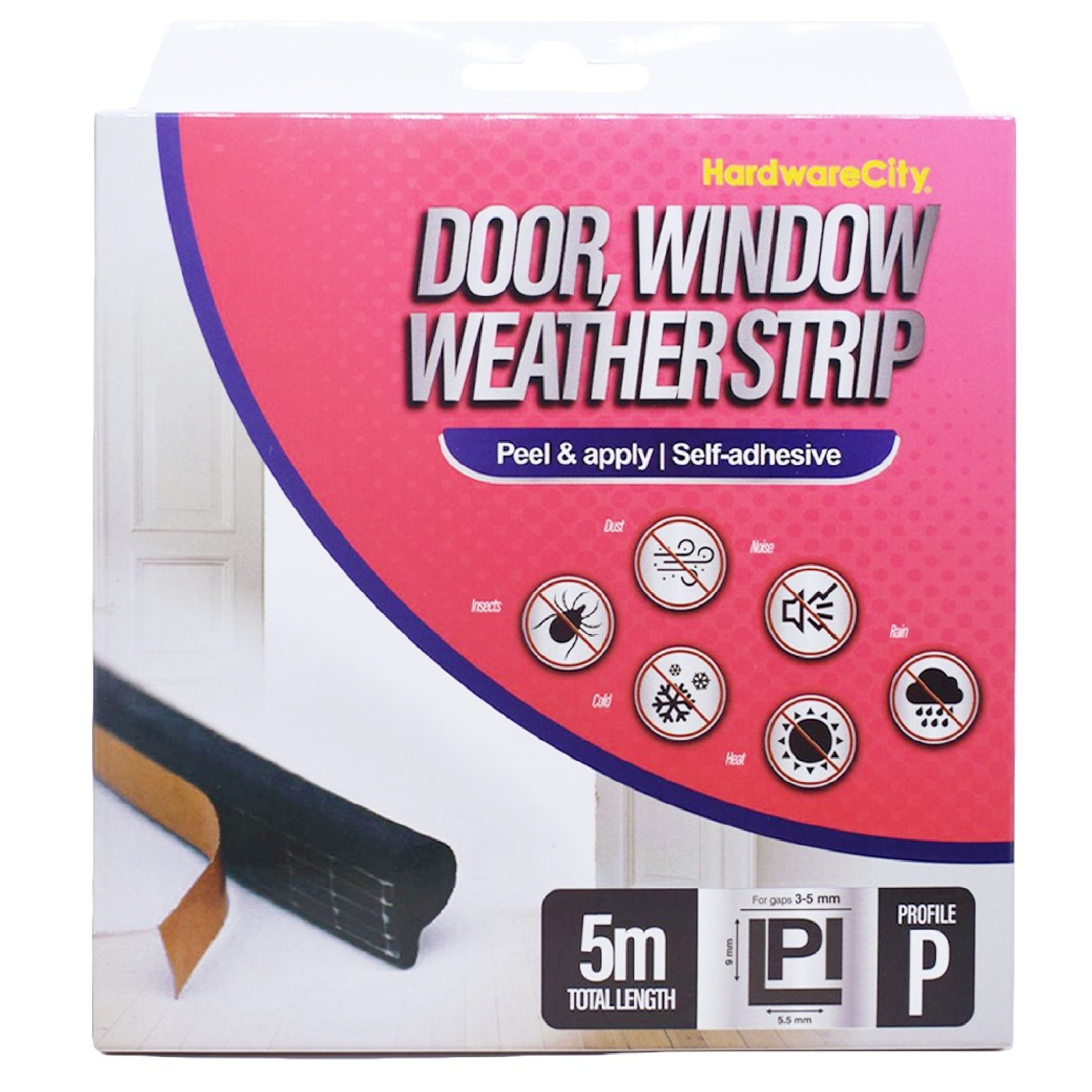 HardwareCity Self Adhesive Door & Window Weatherproof Seal P-PROFILE 5M/Roll
