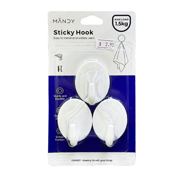 MANDY Household Self Adhesive Hooks 3PC/PACK UP TO 1.5KG Load