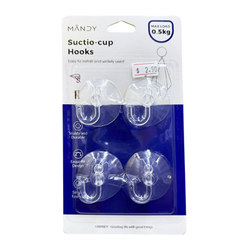 MANDY Transparent Suction Hooks 0.5KG Load 4PC/PACK