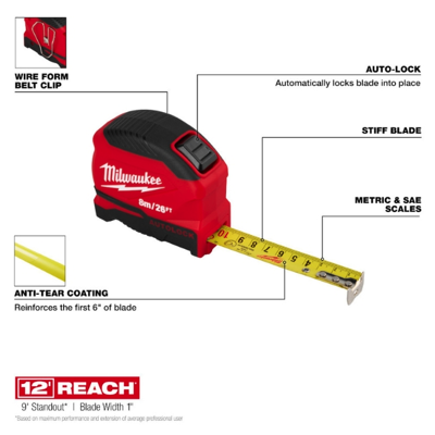 MILWAUKEE 8M/26FT AUTO-LOCK Tape Measure 48-22-1826