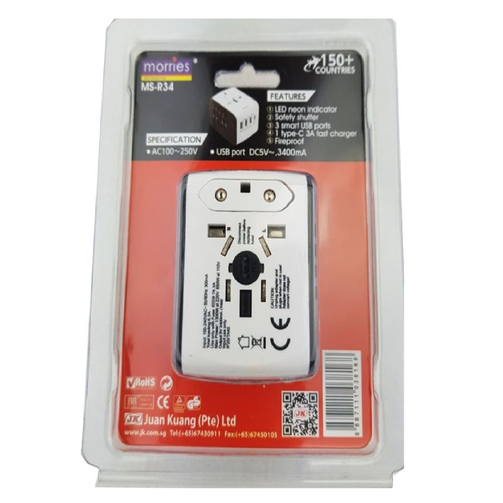 Morries TRAVEL ADAPTOR With 3 X USB + 1 X TYPE-C USB MS-R34