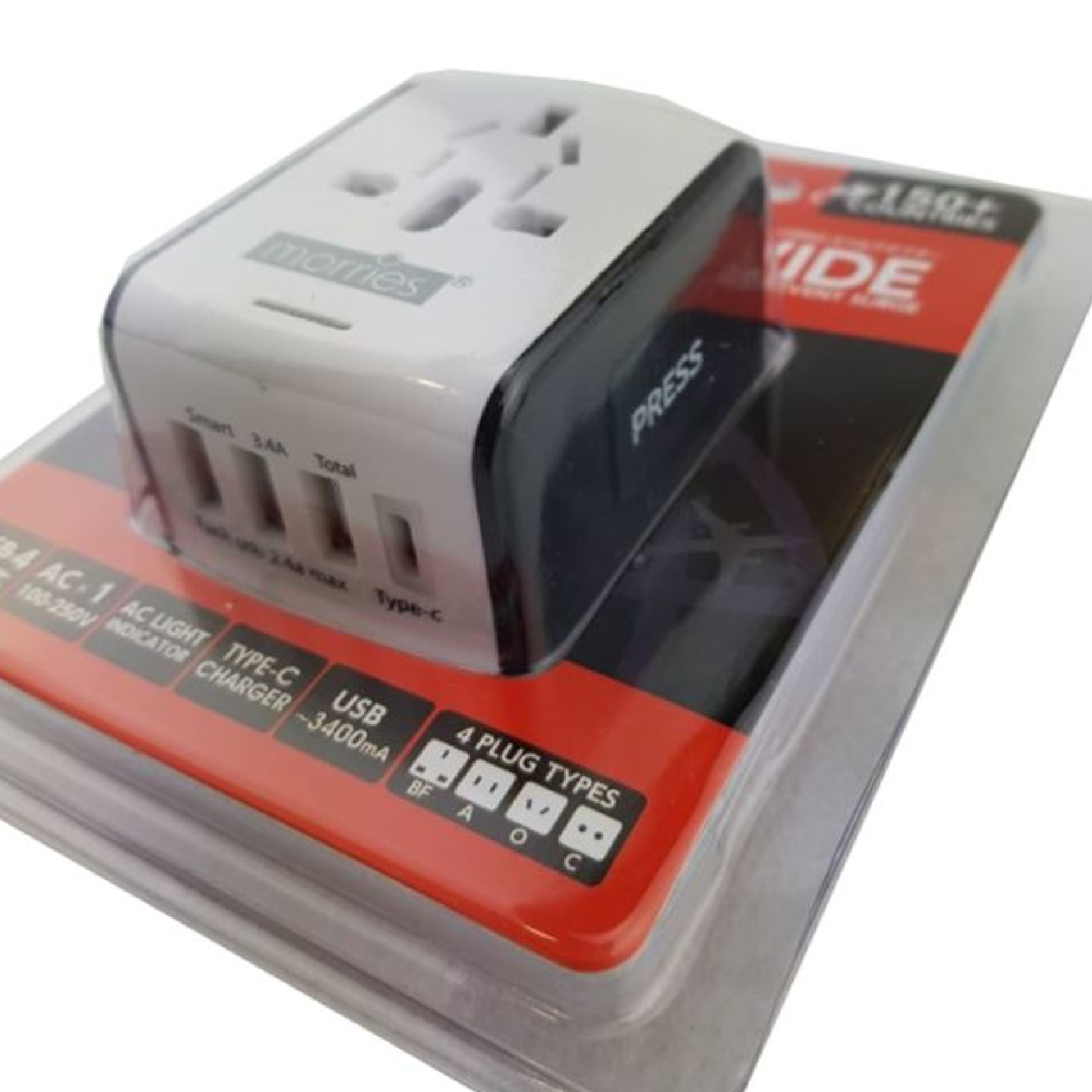 Morries TRAVEL ADAPTOR With 3 X USB + 1 X TYPE-C USB MS-R34