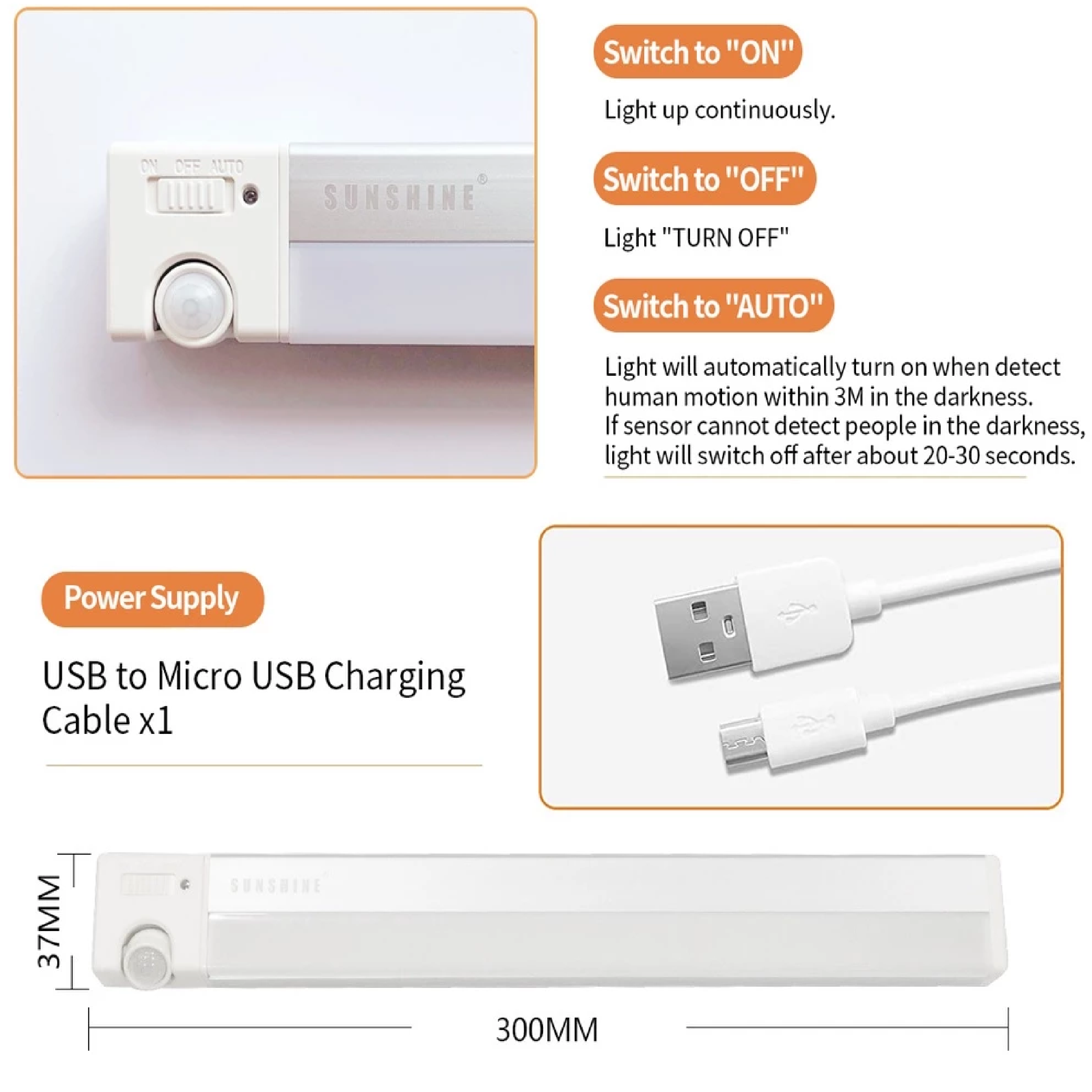 Sunshine 300MM LED Rechargeable CABINET LIGHT With Motion Sensor LCB-30S