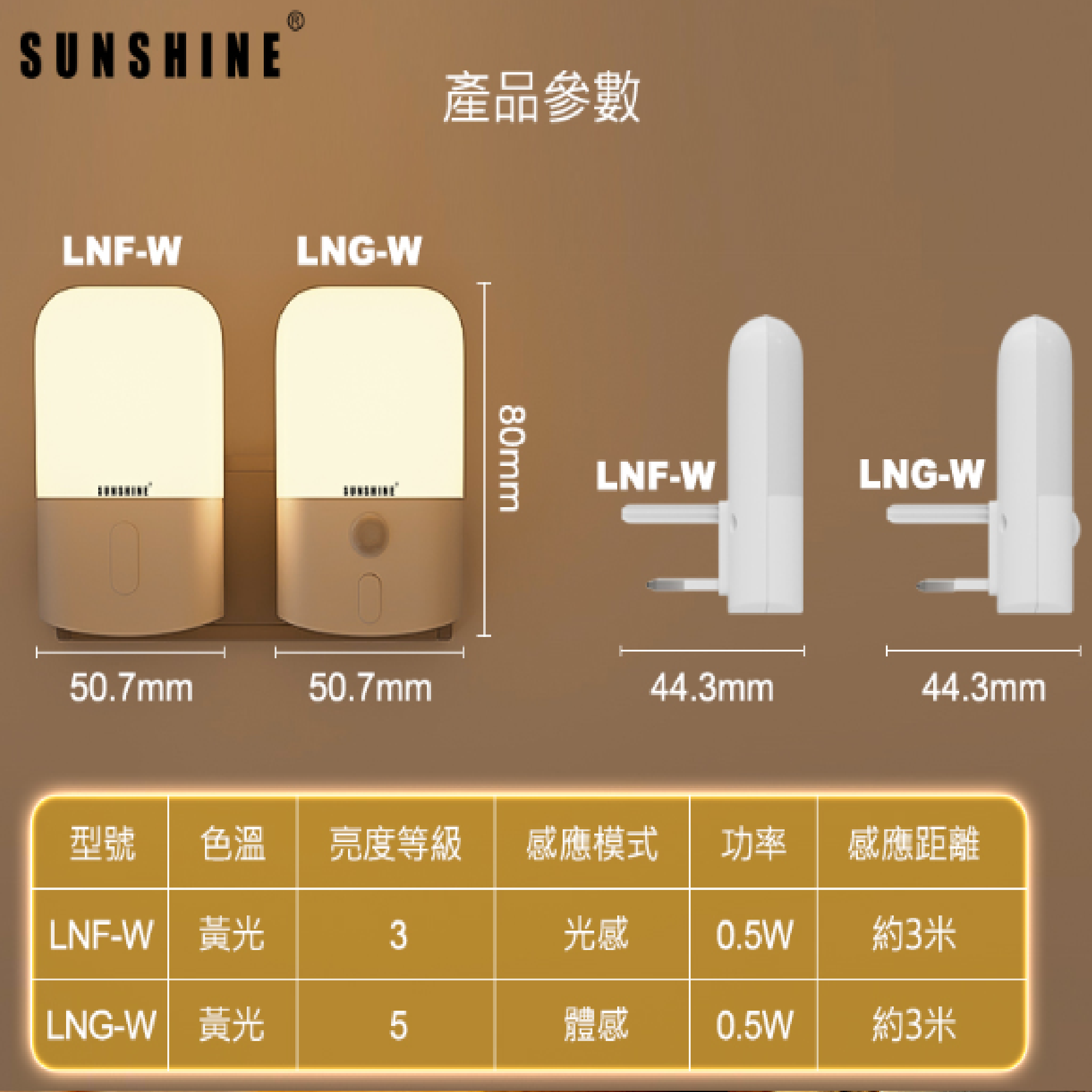 Sunshine NIGHT LIGHT 3-PIN With Motion Sensor WARMWHITE LNG-W